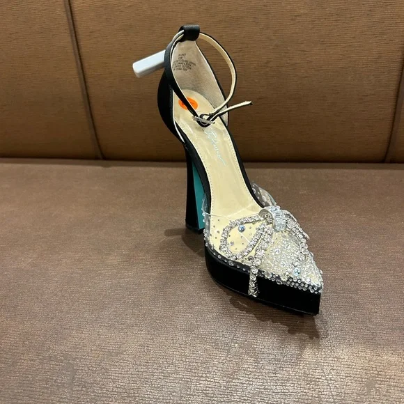Betsey Johnson High Heel Platform Clear Rhinestone Bow - Picture 2 of 3